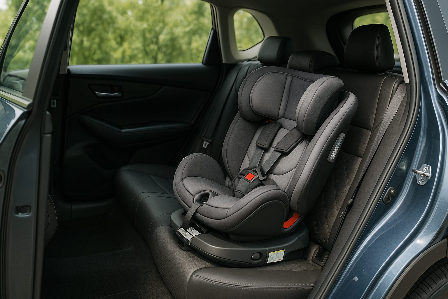 Door-facing RF rotation with recline indicator in range; harness straps at/below shoulders